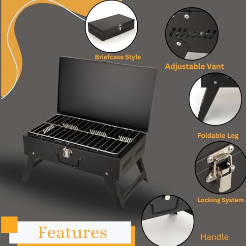 Image of Chefman Compact Briefcase BBQ Grill for Outdoor Cooking | Portable, Lightweight Design Perfect for Camping, Tailgating, and Backyard BBQs - Easy to Transport and Store Charcoal Grill