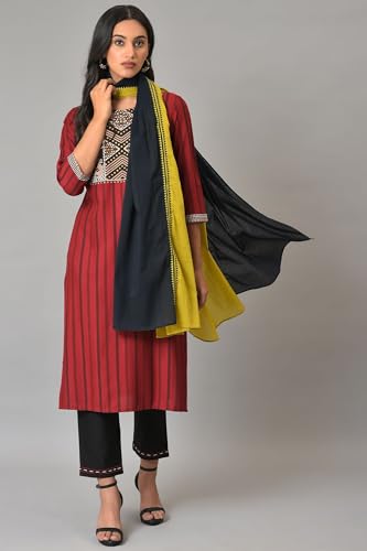 Image of W for Woman Women Silk Green And Black Colour Block Dupatta, Free Size