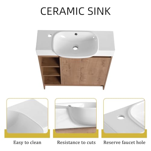 Image of 30 inch Freestanding Bathroom Vanity with Integrated Ceramic Sink, Floor Mount Bathroom Cabinet with 3 Open Shelves & Soft Close Door, Modern Small Bath Vanity Set, Easy to Clean, Natural Oak