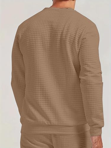 Image of KAJARU Quilted Pattern Long Sleeve Sweatshirt, Round Neck, Men's Casual Pullover, Grey, Black, Beige