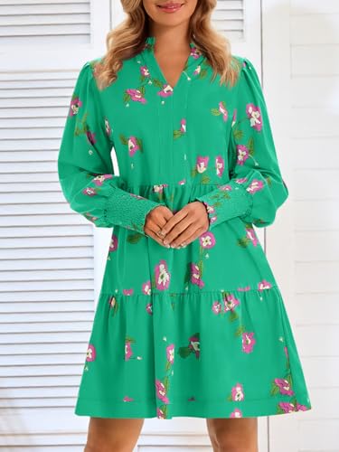 Image of Imily Bela Womens Fall Long Sleeve Tunic Dress Casual V Neck Tiered Dress | Loose,Swing,A-Line,Ruffled Collar,Puff Balloon Sleeve,Smocked Elastic Cuffs,Tiered Layered Ruffle Hem,Babydoll,Loose,Mini