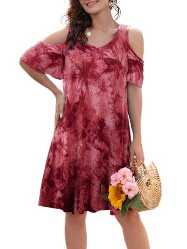Image of BELAROI Womens Plus Size Dresses Short Sleeve Cold Shoulder Casual T Shirt Swing Dress Summer Beach Sundress