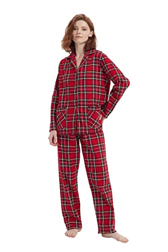 Amaxer Thermo Flanell Schlafanzug Damen 100% Baumwolle Pyjama Set Lang Winter Warmer Sleepwear | Rotes Plaid, M