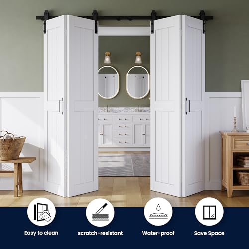 Bifold Barn Door 72" x 84", MDF Bi-Fold Sliding Closet Doors with Hardware Kit Included, Pre-Finished Easy Assembly, Water-Proof PVC Surface & Save Space, H-Frame, 80" Track for 4 Doors,White