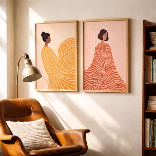 Image of TheMakerly Set of 2 Abstract Woman Framed Wall Painting for Living Room | Modern Aesthetic Wall Art Frame | Minimalist Female Illustration Wall Decor for Bedroom, Hall & Office (M.1, 10x13 inches)