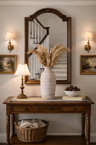 Emotionally Grounded Vase, Vaseking Large Ceramic Rustic Vase, 14.4 inch Minimalist Threaded Decorative Farmhouse Tall Vases for Home Decor, Living Room, Enterway, Table Decoration, Khaki