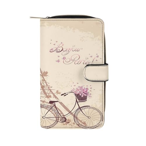 Nugier Women Soft PU Leather Wallet, Zipper Card Case Clutch Credit Bills Money Crash Coin 7.8x4.3x1.4 in Holder Purse Print Vintage Retro Eiffel Tower Bicycle Lavender Flowers