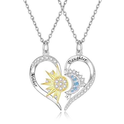Mother Daughter Necklace Set for 2 Sterling Silver Sun and Moon Matching Pendant Necklace Jewelry Gifts Mother's Day Birthday