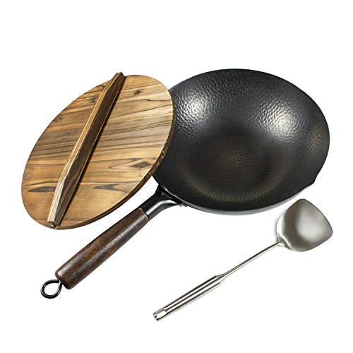 Letschef Hammered Carbon Steel Wok With Wooden Handle With Lid, Spatula, Pre-seasoning Wok