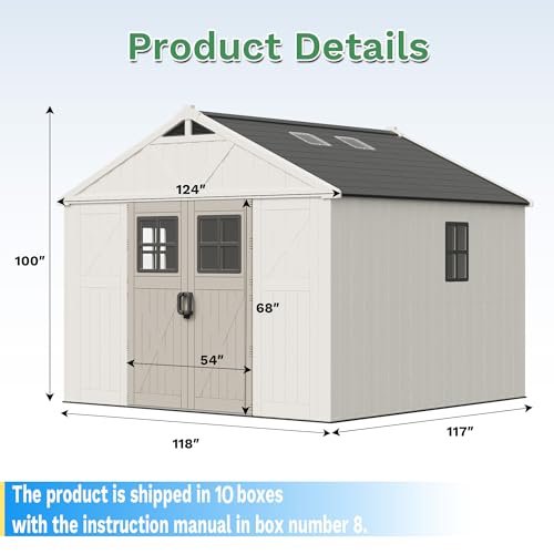 Image of Greesum 10x10FT Plastic Outdoor Storage Shed with Floor and Lockable Door, Resin Sheds with 4-Windows and Multiple Skylights, Organization for Garden, Lawn, Backyard, Beige