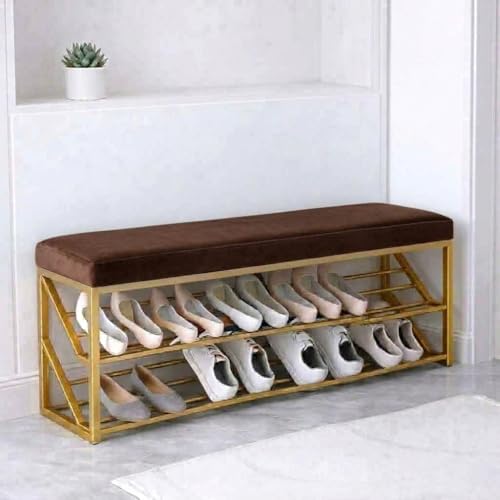 Image of Entryway Shoe Rack with Cushioned Seat, Shoe Bench for Entry, 2 Shelves Storage Bed Bench