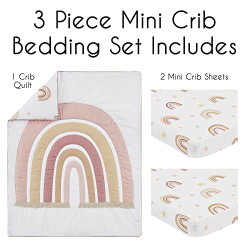 Image of Sweet Jojo Designs 3-Piece Baby Mini Crib Bedding Set (Boho Rainbow) for Girls, Infants /Nursery incl. Blanket & Portable Pack n Play Fitted Sheets (Pink, Bohemian, Modern, Celestial, Sky, Mauve & Tan)