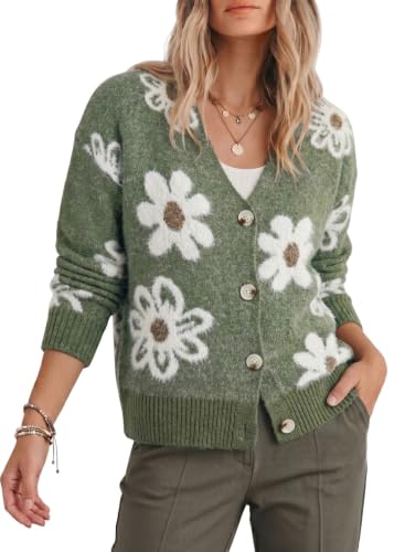 Dokotoo Women's Cardigans Sweaters Sexy V Neck Flower Printed Shrug Sweater Long Sleeve Soft Cute Open Front Ladies Cardigan Guacamole Green Fall Sweater Button Down Tops Large