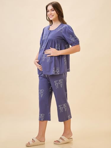 Image of AV2 Women's Cotton Printed Maternity & Feeding Night Suit Set of Top & Relaxed Capri Nursing Night Dress -2123