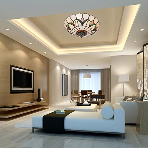 Skyweel 12 Inch Tiffany Style Ceiling Light Stained Glass Ceiling Lamp Flush Mount Ceiling Lighting Fixtures (12 Inch White)