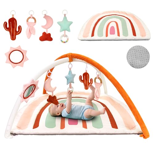 Image of Beavtaens Baby Play Gym & Washable Activity Mat, Non Slip Bottom Tummy Time Mat with 5 Detachable Sensory Toys for Motor Skills, Newborn Infant Baby Essentials Shower Gift(Rainbow)