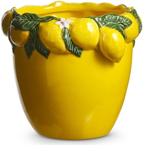 RAZ Imports Planter with Lemon Rim, 7-Inch, Ceramic, Yellow