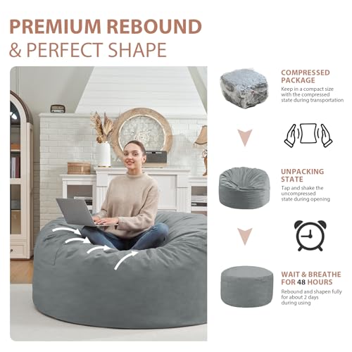 3FT Bean Bag Chair, Comfy Bean Bag Chairs with Memory Foam Filled, Fluffy Beanbag Sofa with Dutch Velvet Cover, Round BeanBag Chairs for Living Room, Playroom - Light Grey
