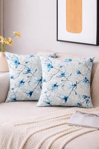 Image of Floral Throw Pillow Cover 18x18 Inch Set of 1, Square, Decorative Cushion Cover for Sofa Couch Bed, Vintage Flower Pillowcase for Living Room Bedroom Home Decor (Cushion Cover- Blue)