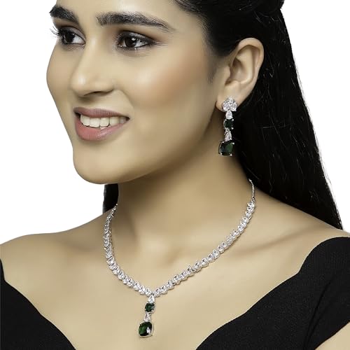 Rhodium-Plated Square American Diamonds Necklace & Earrings Set