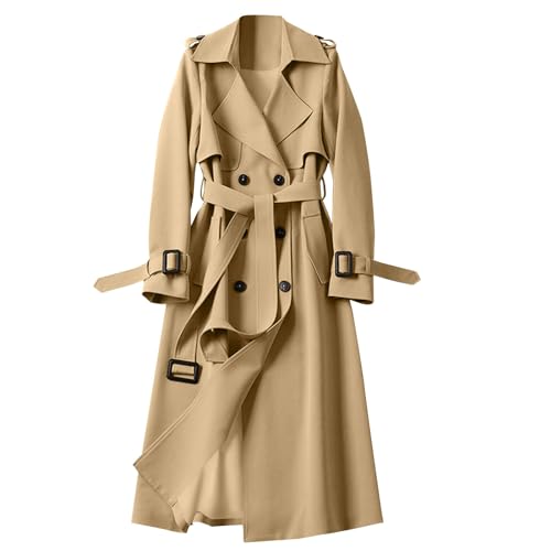 Generisch Black Friday Angebote 2024 Trenchcoat Damen Lang Winddichter Übergangsjacke Plus Size Jacke mit Gürtel Double Breasted Mantel Leichte...