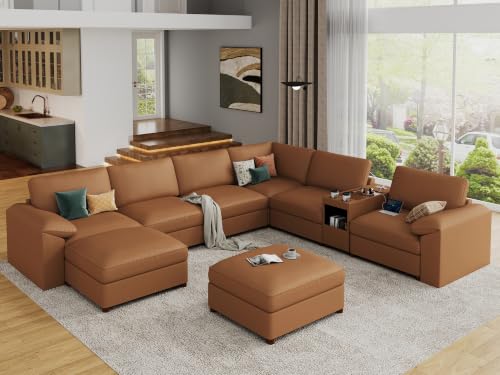 Image of EASE MOOSE Faux Leather Sectional Couch, Oversized Modular Sofa, Modern Comfy Modular Couch, Scratch Resistant Material Sofas, U Shaped Couch for Big Spaces,Brown
