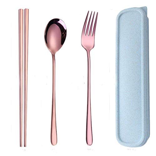 Baomasir Edelstahl Reisebesteck Campingbesteck-Essstäbchen Löffel Gabel Set mit Aufbewahrungsbox für Outdoor-Camping, Reisen, Picknick, BBQ, Schule, Rucksack(Roségold) Cover