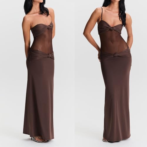 Women Sheer Maxi Dress Detachable Spaghetti Straps Knotted Twist Bodycon Long Dresses Party Cocktail Wear2