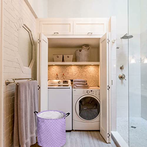 Purple White Polka Dot Large Laundry Basket, Waterproof Laundry Hamper For Baby Clothes, Simple Texture Spring Color Foldable Laundry Baskets With Handles, 13.8''X17'' #TOP2