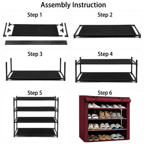 Image of 4 Layer Shoe Rack Plastic with Maroon Cover | Multipurpose Plastic Shoe Rack for Home | Space Saving Foldable Shoe Stand | Storage Rack for Home, Bedroom & Entryway