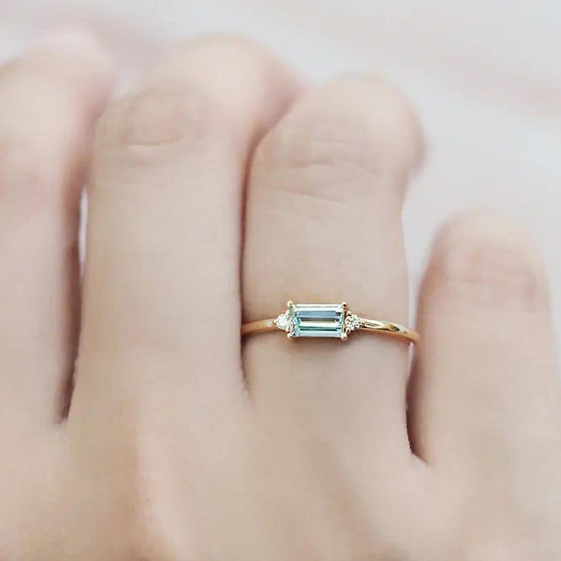 14k Solid Yellow Gold Aquamarine Ring, Baguette Engagement Ring Dainty Rings, Simple Rings, Minimalist Jewelry For Women Daily Wear - GJH080