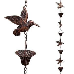 8.5FT Rain Chain, Hummingbird Rain Chains for Gutters, Functional and Decorative Replacement Downspout Chain for Outside, Metal Garden Rainwater Diverter Catcher Chains, Antique Copper