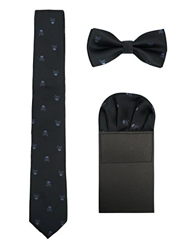 WANYING Hommes 6cm Cravate Etroite & Nœud Papillon & Mouchoir de Poche 3 en 1 Sets Yuppie Business Casual Mode - Motif tête de mort Noir & Gris