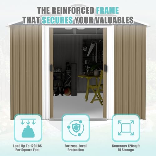 Image of KEIKI 8x12 FT Heavy-Duty Outdoor Storage Shed, Metal Shed with Reinforced Frame, Lockable Doors & Air Vents, Weatherproof Garden Tool Shed for Backyard, Brown