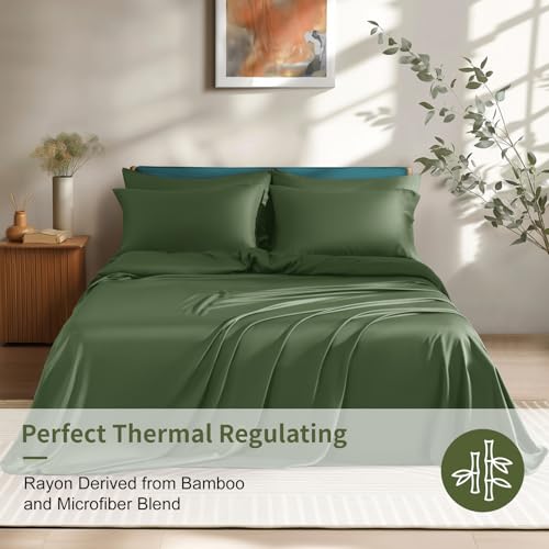 Image of Shilucheng 6 Piece Queen Sheet Sets, Cooling Sheets, Blend Rayon Derived from Bamboo, Deep Pocket Up to 16 inch, Breathable & Soft Bed Sheets, Hotel Silky Bedding Set, Olive Green