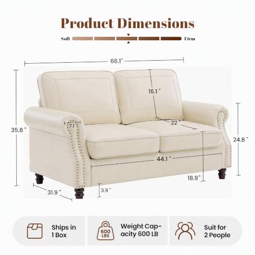 Image of Kingfun Faux Leather Loveseat Sofa with Rolled Arms,Cream