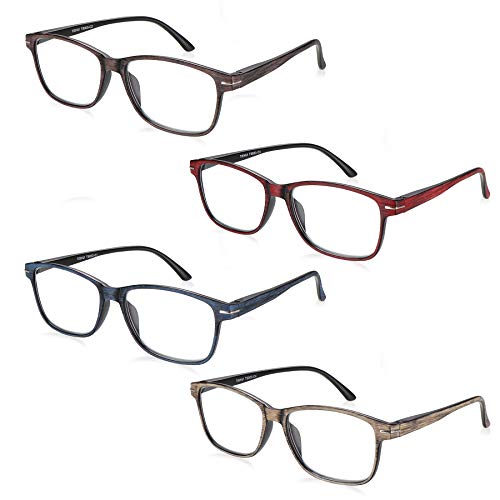 Men Reading Glasses 4 Pack Women Wood Pattern Readers, Classic Rectangular Frame Readers Glasses,Eyeglasses 2.0 with 4 Protective Pouch