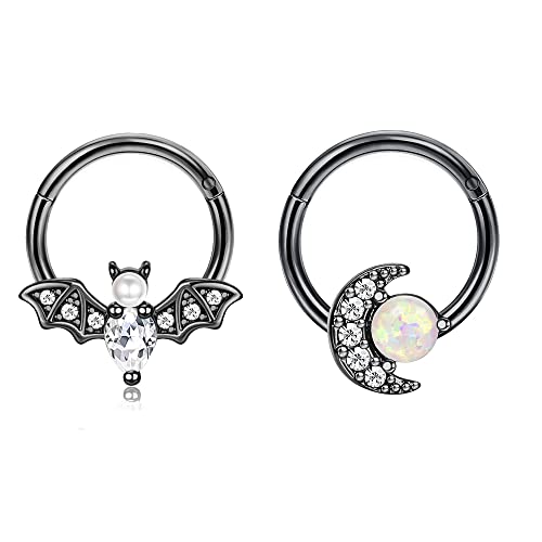 Evispol Daith Piercing Jewelry,Bat Septum Rings 16G Septum Jewelry Dragon Claw Nose Rings Helix Piercing Jewelry Daith Jewelry Cartilage Piercing Jewelry Septum Clicker Rook Piercing Jewelry Butterfly Septum Piercings Tragus Piercing Jewelry Daith Earring Septum Piercing Jewelry For Women Men-Black Bat-Black Moon #TOP4