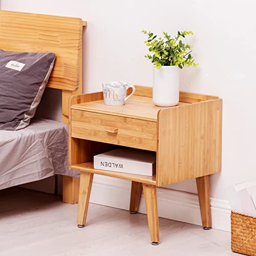Nightstand Mid-Century Modern Bedside Table With Drawer, Small Nightstand With Adjustable Foot Pad For Bedroom, Recyclable Bamboo (Natural Bamboo) #TOP3