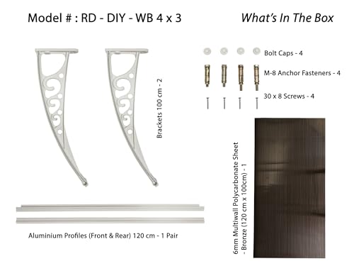 Image of CHENNAI Window Blinds and Shades DIY Polycarbonate Awning (Engineered Plastic Brackets) Window Sunshade Door Weather Shed Rain Canopy Awnings - 4'Widthx3'Depth (White Brackets & Bronze Sheets)