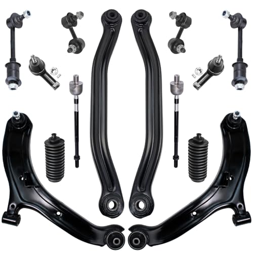 Image of Detroit Axle - 14PC Front and Rear Lower Control Arms w /Sway Bars, Inner Outer Tie Rods and Rack Boots Replacement for 2000 2001 2002 2003 2004 2005 Hyundai Accent