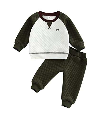 Image of MA&BABY Newborn Baby Boy Girl Clothes Gender Neutral Sweatsuit Unisex Solid Outfit Long Sleeve Warm Pullover Pant Set (Army Green , 6-12 Months )