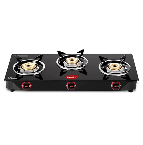 Image of Pigeon Ignia 3 Burner Gas Stove | Brass Burner | Easy Cleaning | Toughened Glass | 2 year Warranty