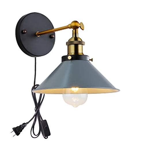 Image of ANYE Wall Sconces with UL Plug-in Button Black Cord Retro Minimalist Style Macaron Grey Iron Lampshade Decor Lights Fixtures for Loft Cabinet Kitchen Hotel Bulb Sold Separately