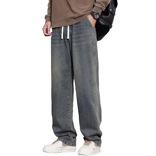 Men's Elastic Waist Loose Fit Denim Pants Y2k Hip Hop Streetwear Baggy Jeans Casual Drawstring Denim Pants Trouser