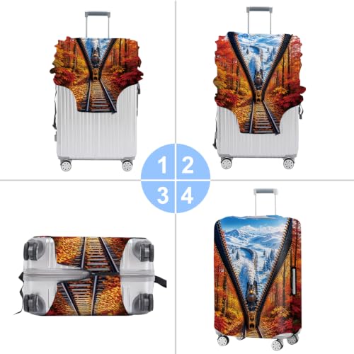 Image of Scenic Train Zipper Illusion Luggage Cover Protective Suitcase Protector, Winter & Autumn Landscape Elastic Washable Travel Baggage Cover Fits 18-22 Inch Suitcase, Cool Steam Locomotive Design,S