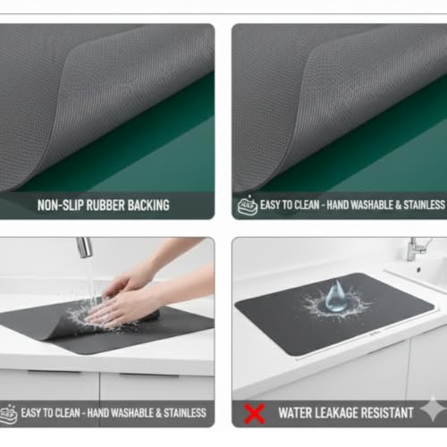 Image of Dish Drying Mat |40x60cm| Water Absorbing Mat for Kitchen, Dry Mat for Kitchen Utensils, Non-Slip Rubber Backing, Fast Drying
