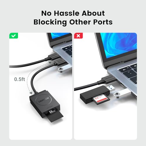 UGREEN SD Card Reader USB 3.0 Dual Slot Flash Memory Card Reader TF, SD, Micro SD, SDXC, SDHC, MMC, RS-MMC, Micro SDXC, Micro SDHC, UHS-I for Mac, Windows, Linux, Chrome, Read 2 Cards Simultaneously