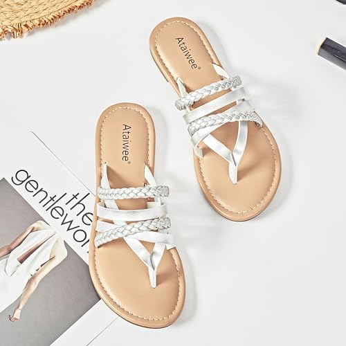 Image of Ataiwee Women's Casual Thong Dressy Strap Flat Slide Sandals,