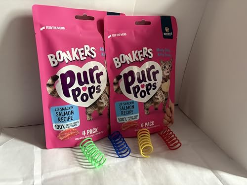 Bonkers Purr Pops Lip Smackin' Salmon Freeze Dried Cat Treats, 4 Count, 2 Pack Bundle with 4 Spring Toys, All Life Stages